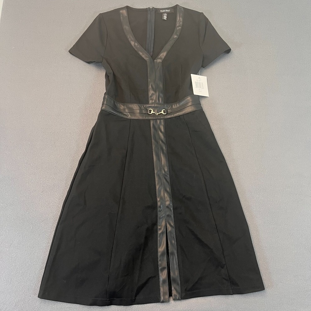 Ellen Tracy Ponte Flare Black‎ Knee Length Dress Vegan Leather Trim Sz XS NWT